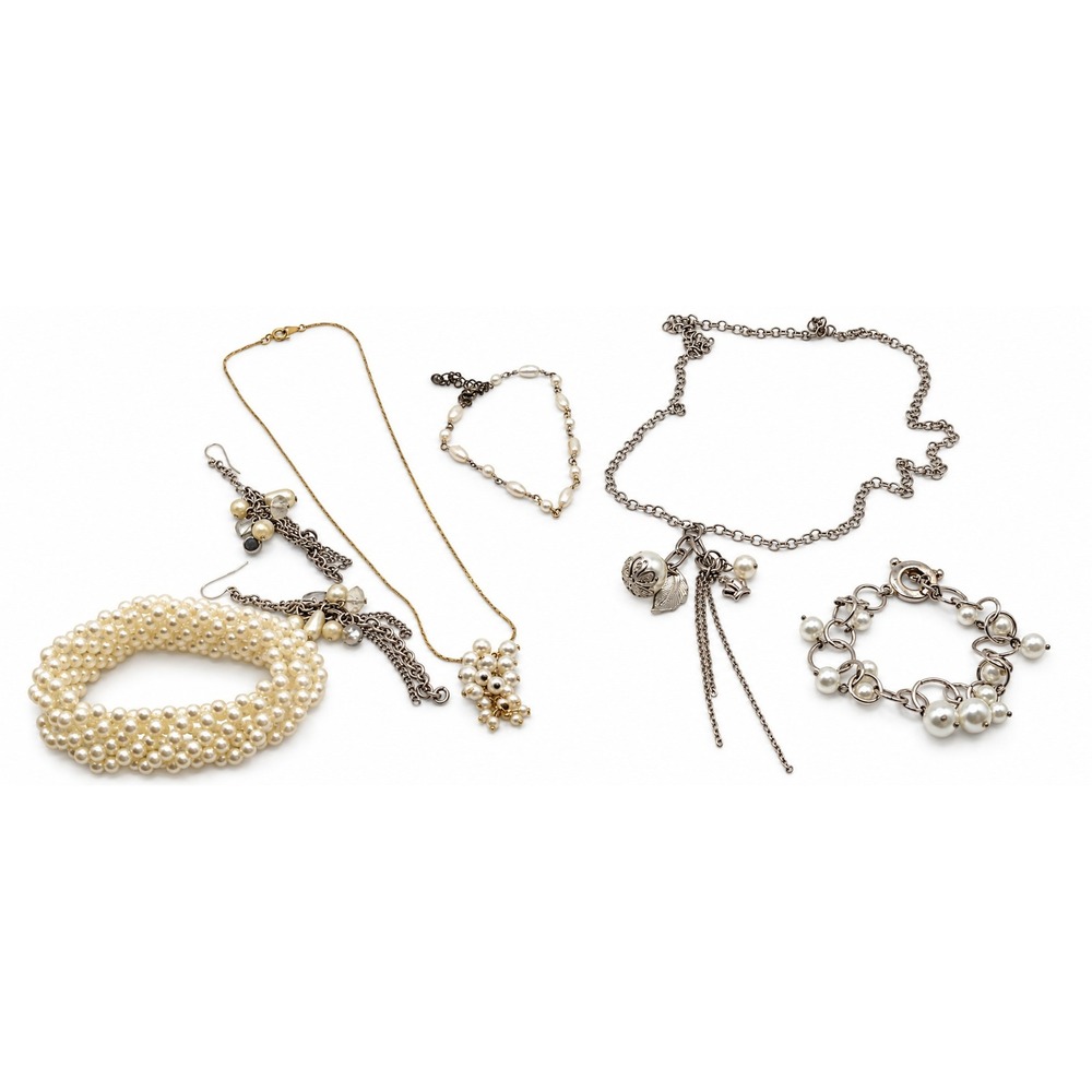 Mixed Faux Pearl Jewelry Lot 6pc Silver Gold Tone Necklaces Bracelets Earrings